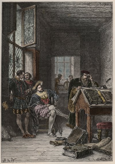 Król Francji Franciszek I (1494-1547), protektor sztuki i pisma, wizyta w warsztatach drukarza Estienne (Robert Estienne), ok. 1540 (Król Francji Franciszek I wizyta w warsztatach królewskich typografów Estienne autorstwa Anonymous Anonymous