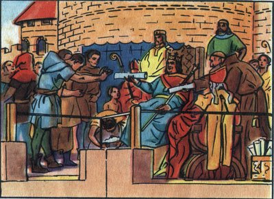 Król Francji Ludwik VI Wielki (1081-1137) nadał przywilej miastu Paryżowi. Anonimowa ilustracja w „” Collection des souverains et chefs d