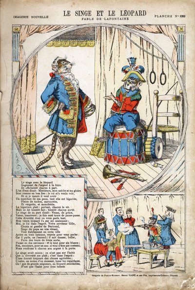 Małpa i lampart. Anonimowa ilustracja do Les Fables autorstwa Jeana de LA FONTAINE (Lafontaine) (1621-1695). Obraz Pont-a-Mousson, ok. 1880. Zbiory prywatne. autorstwa Anonymous Anonymous
