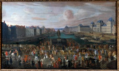 Pont Neuf widziany od wejścia na Place Dauphine, Quai Malaquais z Kolegium Czterech Narodów (Institut de France) w budowie, Grande Galerie i Luwr przy przejściu obrazu konduktu Anonymous. 1665. wym. 0,74 x 1,25 m. autorstwa Anonymous Anonymous