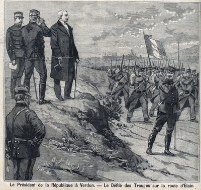 Prezydent Republiki Felix Faure (1841-1899) odwiedza Verdun (Moza): zbezczeszczenie szkoły wojskowej przy drodze Etin. Grawer w „”Le Petro Parisien”” autorstwa Anonymous Anonymous