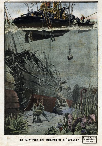 Ratunek dla milionów Oceanów: Scaphandlers nurkują z Eastbourne, aby zebrać 18 milionów metali, które brytyjski liniowiec miał przetransportować do Indii. Grawer w „Le Petite Journal”, 19.05.1912. Prywatna kolekcja. autorstwa Anonymous Anonymous