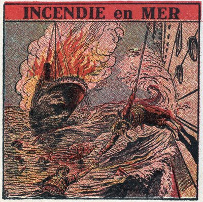 T.S.F.: ogień na morzu. T.S.F. jest używany przez łodzie do wezwania pomocy podczas wraku statku. Anonimowa ilustracja z 1925 r. Ze zbiorów prywatnych. autorstwa Anonymous Anonymous
