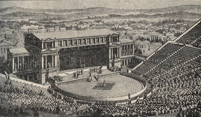 Teatr Dionizosa, Akropol, Ateny, Grecja - Rekonstrukcja Teatru Dionizosa z 1890 r. - w Atenach, Grecja starożytna. - grawerowanie 1890 autorstwa Anonymous Anonymous