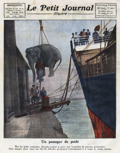 Przybycie łodzią słonia nabytego przez ogród zoologiczny ludzi po wojnie. Ilustracja zaczerpnięta z „Le petit journal illustious”” z 20.11.1921. Prywatna kolekcja autorstwa Anonymous Anonymous