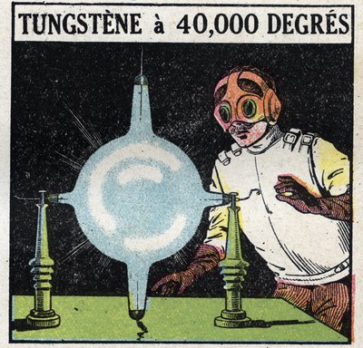 Atom i nauka: próba rozpuszczenia wolframu przez ulatnianie cienkiego drutu tego metalu do 40 000 stopni. Anonimowa ilustracja z 1925 r. Ze zbiorów prywatnych. autorstwa Anonymous Anonymous