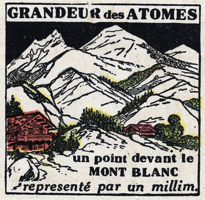 Atom i nauka: wielkość atomów. Punkt przed Mont Blanc reprezentowany przez milimetr. Anonimowa ilustracja z 1925 r. Ze zbiorów prywatnych. autorstwa Anonymous Anonymous