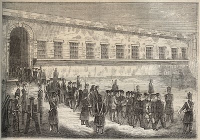 Więzienie Rochefort w XIX wieku. Grawer „Historia skazanych od ich powstania do dnia dzisiejszego” (1877) autorstwa Pierre