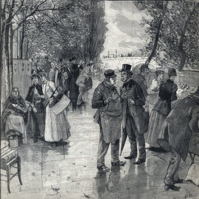 Spacer po książkach nad brzegami paryskich nabrzeży. Grawerowanie w „Le petit parisien”” z dnia 30.10.1892 r. Prywatna kolekcja autorstwa Anonymous Anonymous