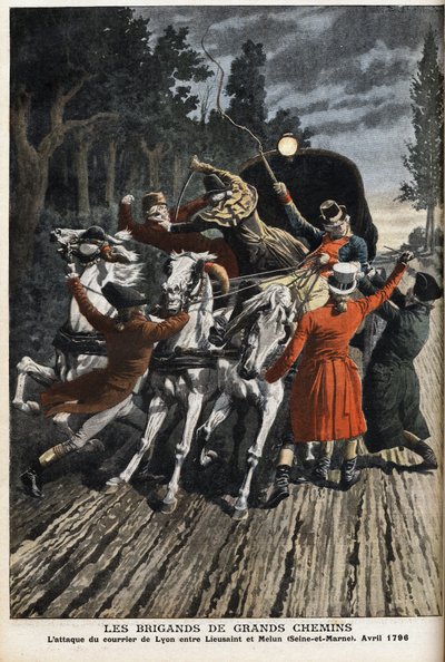 Zbójcy autostrad: atak poczty lyońskiej między Lieusaint i Melun (Seine et Marne) w kwietniu 1796 r. Grawerowanie w „Le Petite Journal” autorstwa Anonymous Anonymous