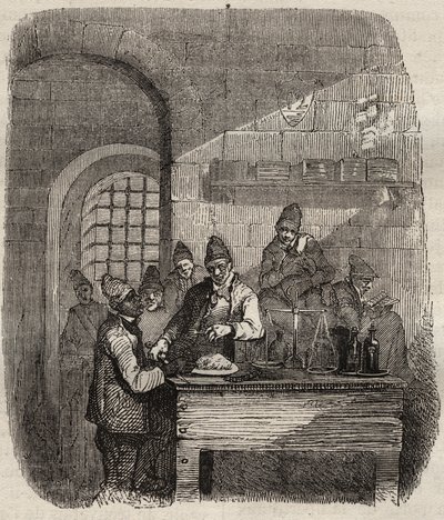 Kantyna więzienia brzeskiego w XIX wieku. Grawer „Historia skazanych od ich powstania do dnia dzisiejszego” (1877) autorstwa Pierre