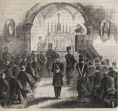 Kaplica więzienia w Tulonie w XIX wieku. Grawer „Historia skazanych od ich powstania do dnia dzisiejszego” (1877) autorstwa Pierre