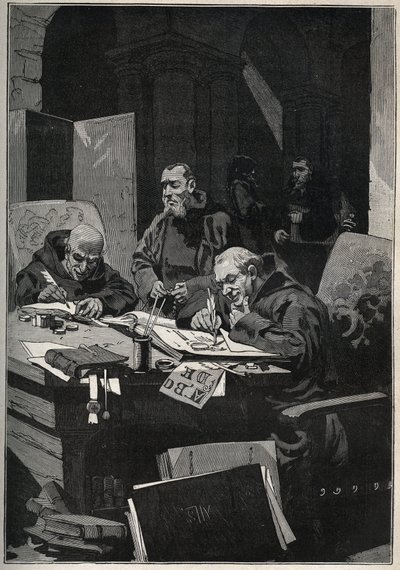 Chryzograf: mnisi z copistee wykonujący iluminacje złotymi literami w średniowieczu. Grawer z 1885 roku w „Les arts et metiers illustres” Adolphe BITARD. autorstwa Anonymous Anonymous