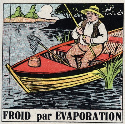 Przemysł chłodniczy: zimno przez parowanie. Rybak na swojej łodzi pozostaje chłodny dzięki parowaniu wody z rzeki. Anonimowa ilustracja z 1925 r. Ze zbiorów prywatnych. autorstwa Anonymous Anonymous