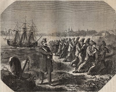 Cordelle (dzieło wielkiego zmęczenia) w bagne de Rochefort w XIX wieku. Grawer „Historia więzień od ich powstania do dnia dzisiejszego” (1877) autorstwa Pierre