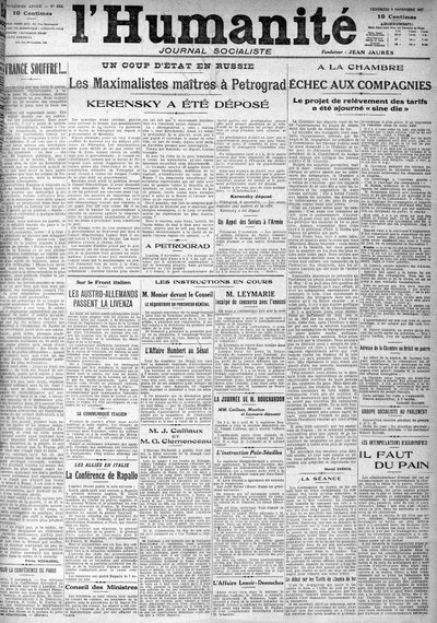 Zamach stanu w Rosji na nagłówkach socjalistycznej gazety „Ludzkość””. Nagłówki:”” Masters Maximalists w Piotrogrodzie””, „” Kiereński został zdeponowany””” (Kiereński), 9.11.1917. autorstwa Anonymous Anonymous