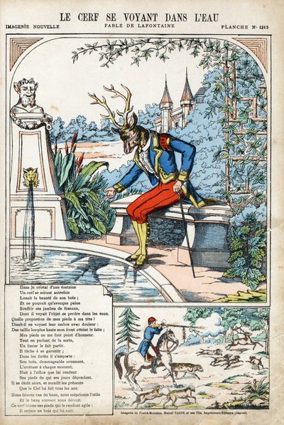Jelenie widzące siebie w wodzie. Anonimowa ilustracja do Les Fables autorstwa Jeana de LA FONTAINE (Lafontaine) (1621-1695). Obraz Pont-a-Mousson, ok. 1880 r. Ze zbiorów prywatnych. autorstwa Anonymous Anonymous