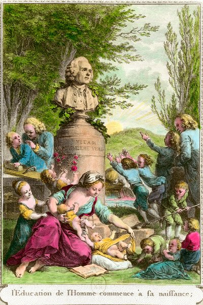 Edukacja człowieka zaczyna się od jego narodzin: matki z dziećmi, obok popiersia w hołdzie szwajcarskiemu filozofowi Jeanowi Jacquesowi Rousseau (1712-1778). Rycina XVIII-wiecznej kolekcji prywatnej autorstwa Anonymous Anonymous