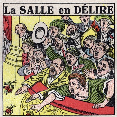 Efekty muzyczne: widzowie teatru wyrażający swoją radość okrzykami, brawami i kwitnącymi kwiatami. Anonimowa ilustracja z 1925 r. Ze zbiorów prywatnych. autorstwa Anonymous Anonymous