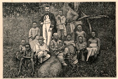 Odkrywca Pierre Savorgnan z Brazza (1852-1905) i grupa tubylców z Wikariatu Apostolskiego Dwóch Gwinei (Dwóch Gwinei) w Gabonie. Grawer w „Les Missions Catholiques au XIXeme Siecle” Louis-Eugene (Louis Eugene) Louvet. pr autorstwa Anonymous Anonymous