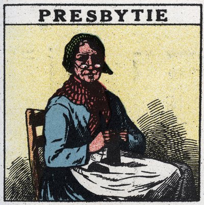 Oko: osoba cierpiąca na starczowzroczność. Anonimowa ilustracja z 1925 r. Ze zbiorów prywatnych. autorstwa Anonymous Anonymous