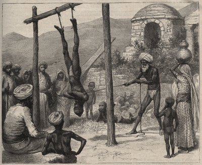 Fakir w Indiach - Fakir (Faquir) w Indiach - zawieszony za nogi na drewnianym drążku - grawerunek z 1892 r. w „Journal des voyages””. autorstwa Anonymous Anonymous
