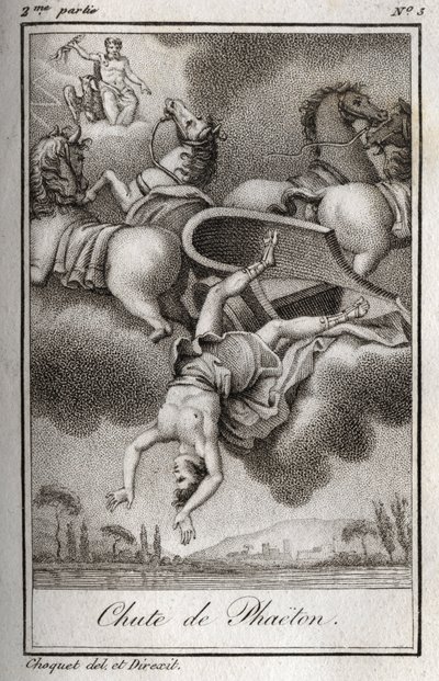 Upadek Phaetona Phaeton (Phaeton), niezdolny do kontrolowania czołgu Helios, został uderzony przez Zeusa i wpadł do rzeki Eridan. Rycina z 1819 r. w „Lettres a Emilie sur la mitologie” Charlesa Alberta Demoustiera (1760-1801). Prywatna kolekcja. autorstwa Anonymous Anonymous
