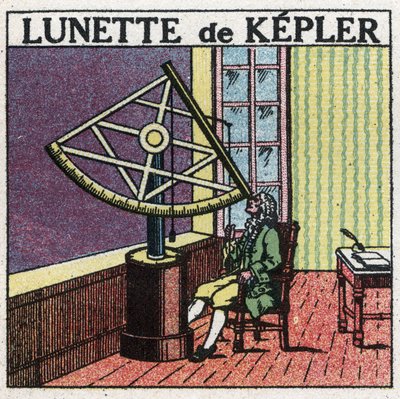 Pierwsze przyrządy optyczne: luneta astronomiczna Johannesa Keplera (Kepplera) (1571-1630) wynaleziona ok. 1615 r. Anonimowa ilustracja z 1925 r. Kolekcja prywatna. autorstwa Anonymous Anonymous
