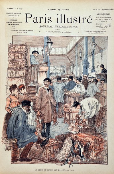 Okrzyk gry w Halles de Paris w 1887 r. Ilustracja Hermanna Vogla (1856-1918). Rycina z 1887 r. w tygodniku „Paryż-Prześwietny””. autorstwa Anonymous Anonymous