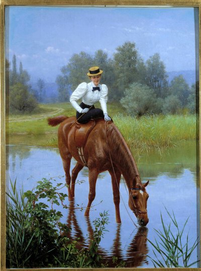 Zatrzymanie Młoda kobieta w Amazonii zatrzymuje się, żeby kazać swojemu koniowi pić. Malarstwo anonimowe, XX w. Ze zbiorów prywatnych - Zatrzymanie. Młoda kobieta na bocznym siodle zatrzymuje się, żeby napić się konia. Malarstwo anonimowe, XX wiek. Prywatn autorstwa Anonymous Anonymous