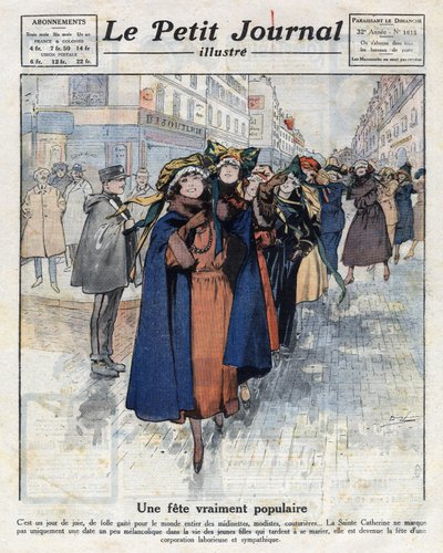 Podróż catherinette, młodych celibatariuszek w tradycyjnych kapeluszach, ulicami Paryża. Ilustracja zaczerpnięta z „Le petit journal illustious”” z 12.04.1921. Prywatna kolekcja autorstwa Anonymous Anonymous