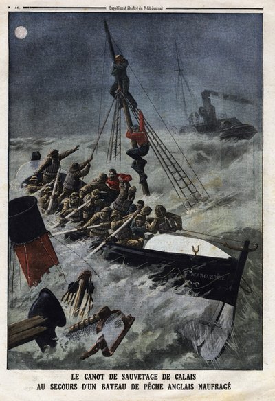 Łódź ratunkowa z Calais ratująca tonącą angielską łódź rybacką. Grawerowanie w „Le Petite Journal”, 11.02.1912 r. Prywatna kolekcja. autorstwa Anonymous Anonymous