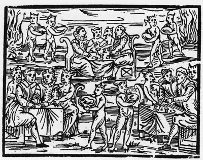 Posiłek czarownic w szabat - „Kompendium Maleficarum”, opowiada o czarownicach, ich złu i ich losach autorstwa Francesco Marii Guazzo lub Guaccio lub Guaccius (15??-16??) 1608 Kolekcja prywatna autorstwa Anonymous Anonymous