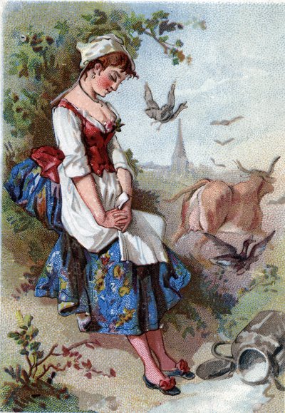 Mleko i dzbanek na mleko. Bajka Jeana de La Fontaine (Lafontaine) (1621-95). Chromolitografia XIX wieku. Prywatna kolekcja. autorstwa Anonymous Anonymous