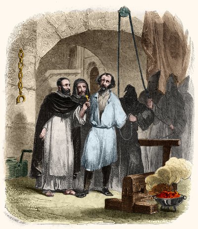 Kwestia liny w XVI wieku. Ilustracja w „”Misteriach Inkwizycji i innych tajnych stowarzyszeń Hiszpanii”” Victor de Fereal, Suberwick, Manuel Galo de Cuendias. Wydane przez P. Boizard autorstwa Anonymous Anonymous