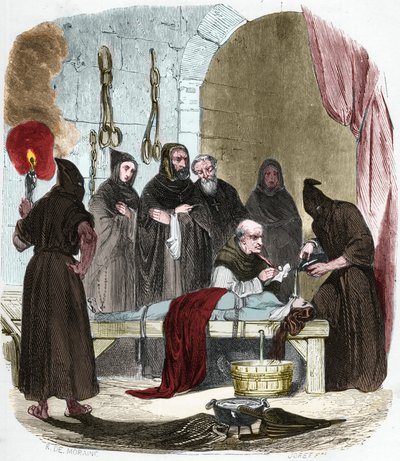 Kwestia wody: Pedro (Pierre) de Arbues (1441/1442 - 1485) przesłuchuje pod torturami młodą kobietę, która rzekomo nakłoniła swoją siostrę do zwrócenia się ku luteranizmowi. Zawiązać sznurkami, wodę wlewa się do szmatki, którą wciska się w gardło. autorstwa Anonymous Anonymous