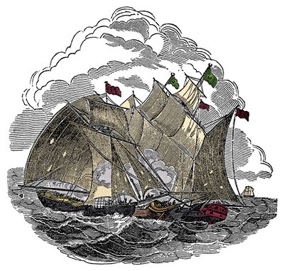 Statek pirata Henry Every (John Avery, Long Ben, Benjamin Bridgeman) (?-1695) zaatakował we wrześniu 1695 flotę wielkiego Mogołów Aurangzeb Aurangzeb (Alamgir) w pobliżu Surate, Indie Grawerowanie z „Księgi własnej piratów” autorstwa Karol Ellms autorstwa Anonymous Anonymous