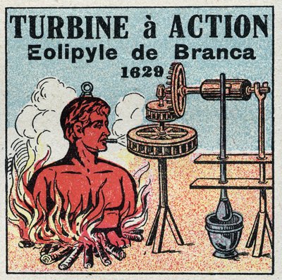 Maszyna parowa: działa turbina. Eolipyle wynalezione przez Giovanniego Brancę (1571-1645) w 1629 r. Anonimowa ilustracja z 1925 r. Ze zbiorów prywatnych. autorstwa Anonymous Anonymous