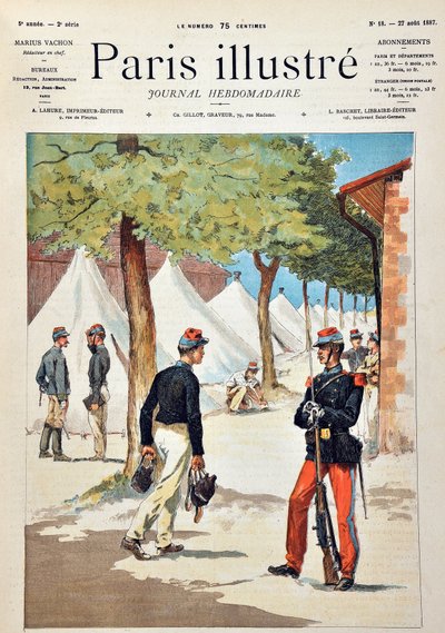 Uczniowie szkoły Saint-Cyr (Saint Cyr) w obozie Chalons. Rycina z 1887 r. w tygodniku „Paryż-Prześwietny””. autorstwa Anonymous Anonymous