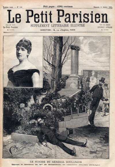 Samobójstwo generała Georgesa Boulangera (1837-1891) na cmentarzu Ixelles w Belgii przed grobem Madame Bonnemains. Grawer w „Le petit Parisien”” z 1891 r. Ze zbiorów prywatnych. autorstwa Anonymous Anonymous