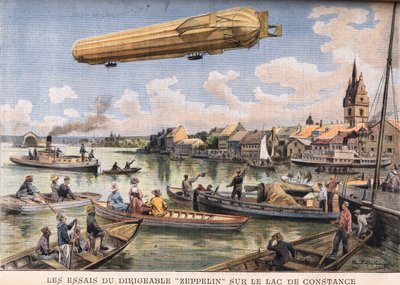 Testy sterowca Zeppelin na Jeziorze Bodeńskim w Niemczech. Grawer z gazety „”Le Peute Parisien””, dnia 2.08.1908 r. Prywatna kolekcja. autorstwa Anonymous Anonymous