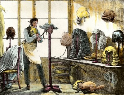 Peruka stylizująca perukę katogana, fryzjera męskiego. Grawerowanie z pokazów lustrzanych, listów, lekarstw itp. Sztuka” 1821-1823 Kolekcja prywatna autorstwa Anonymous Anonymous