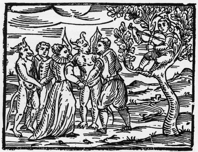 Czarownice w szabat tańczące przy dźwiękach skrzypiec - „Kompendium Maleficarum”, opowiada o czarownicach, ich złu i pochodzeniu Francesco Marii Guazzo lub Guaccio lub Guaccius (15??-16??) 1608 Kolekcja prywatna autorstwa Anonymous Anonymous
