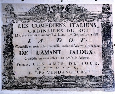 Plakat teatralny prezentujący utwory „Kropka” i „Zazdrosny kochanek” w wykonaniu włoskich komików, 1.09.1788. Paryż. Muzeum Karnawału autorstwa Anonymous Anonymous