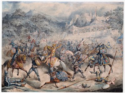 Tournoi (wiek Moyen) - Turniej rycerzy konnych - Anonim - 1840 - Litografia kolorowa - 20,3x30,5 - Kolekcja prywatna autorstwa Anonymous Anonymous