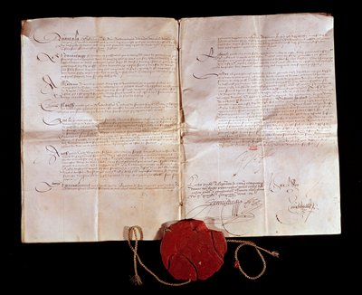 Traktat z Cateau Cambresis (Cateau-Cambresis) między Henrykiem II (1519-1589) a Filipem II Hiszpańskim w dniu 3/04/1559. Francja zwraca Hiszpanii swoje terytoria włoskie. Handel ten zakończył wojny włoskie. Paryż, Archiwa Narodowe autorstwa Anonymous Anonymous