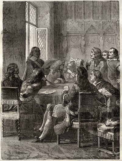 Traktat ryswicki (traktat ryswicki, 30 października 1697) (koniec wojny Ligi Augsburskiej między Ludwikiem XIV a Wielkim Sojuszem). Rycina XIX wieku. Prywatna kolekcja. autorstwa Anonymous Anonymous