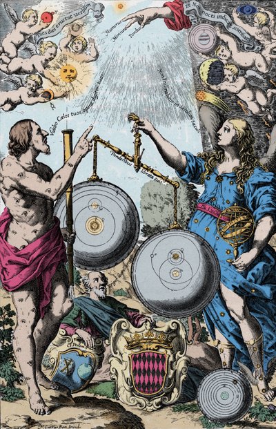Urania, Muza Astronomii, reprezentowana przed Argusem, trzymająca teleskop. Ważą i porównują system Kopernika (po lewej) i system jezuity Giovanni Riccioli inspiruje się z systemem Tycho Brahe (który łączy geocentryczne wizje Ptolemeusza). autorstwa Anonymous Anonymous