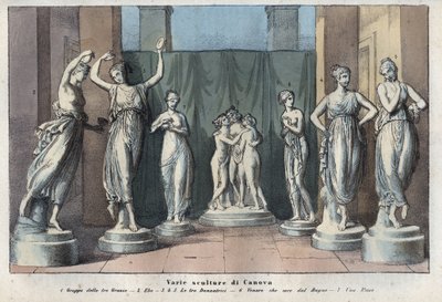 Różne rzeźby Canovy - Trzy Gracje - Hebe - Trzy Gracje Taniec - Wenus Italica - Muza - Grawerowanie z „” Zwyczajów i Tradycji Wszystkich Ludów Wszechświata. To jest historia rządu, praw, milicji, religii wszystkich… autorstwa Anonymous Anonymous