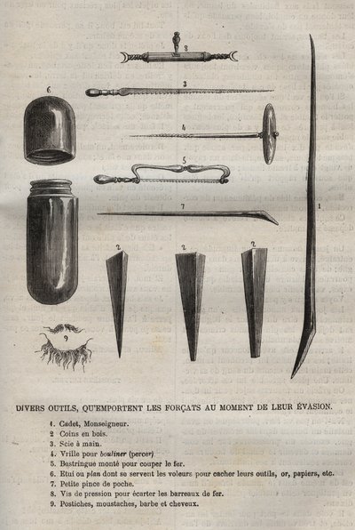 Różne narzędzia, które noszą widły podczas ucieczki. Grawer „Historia więzień od ich powstania do dnia dzisiejszego” (1877) autorstwa Pierre